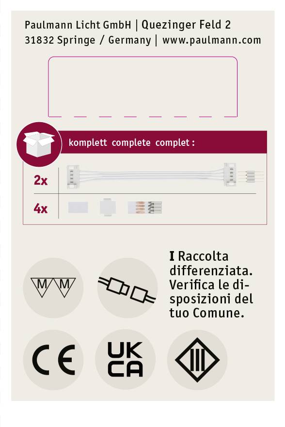 'Paulmann Licht GmbH' Versandbox-Label mit Firmenadresse, Symbolen für Elektronikrecycling und CE-, WEEE-, UKCA-Zertifizierungen. Text auf Italienisch.