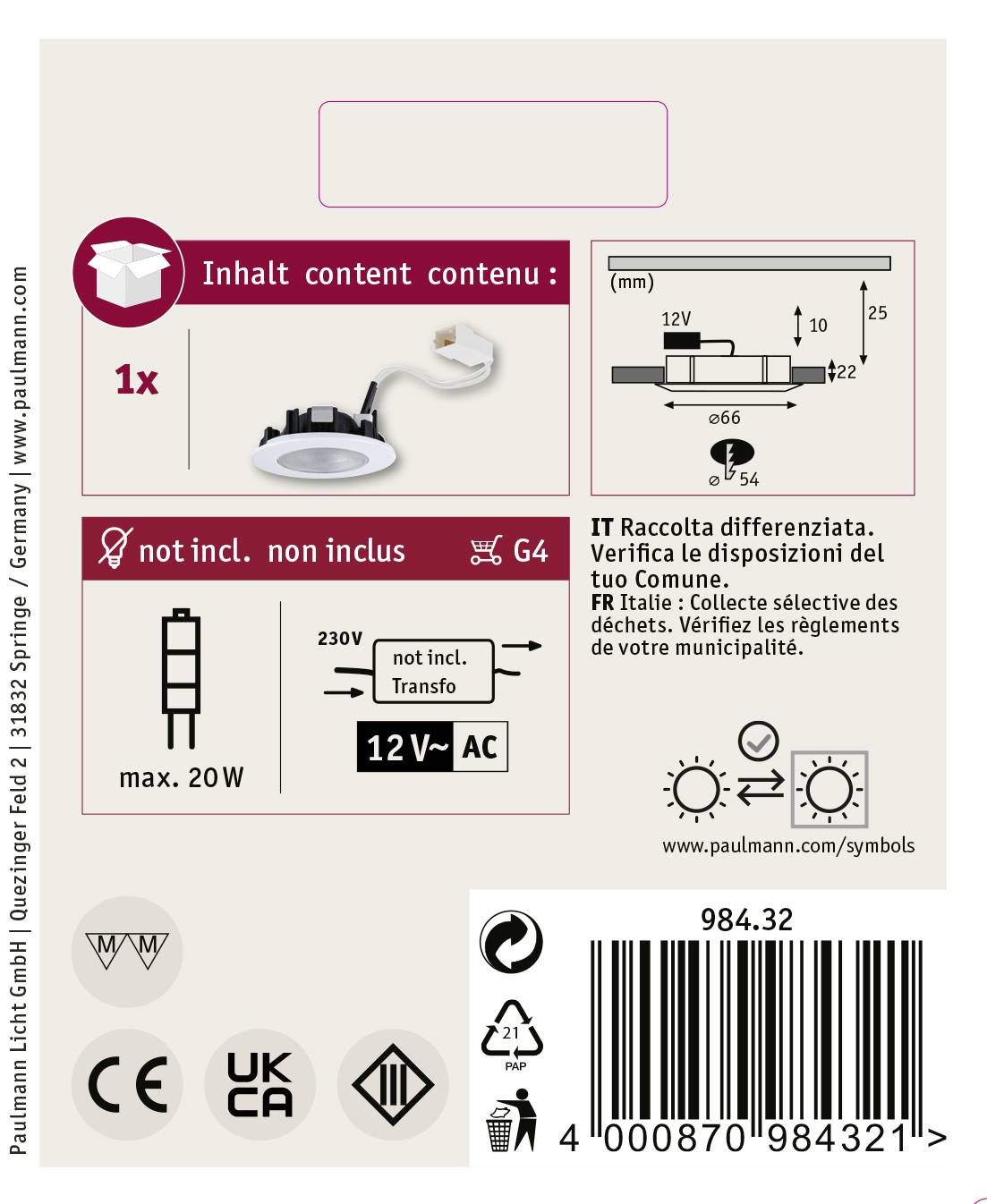 'Leuchtmittel nicht enthalten.' Bild zeigt ein Einbau-LED-Set mit Maßen und Montagehinweisen. Für 12V AC/DC, max. 20W, Energieklasse F.