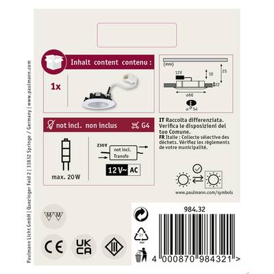 'Leuchtmittel nicht enthalten.' Bild zeigt ein Einbau-LED-Set mit Maßen und Montagehinweisen. Für 12V AC/DC, max. 20W, Energieklasse F.