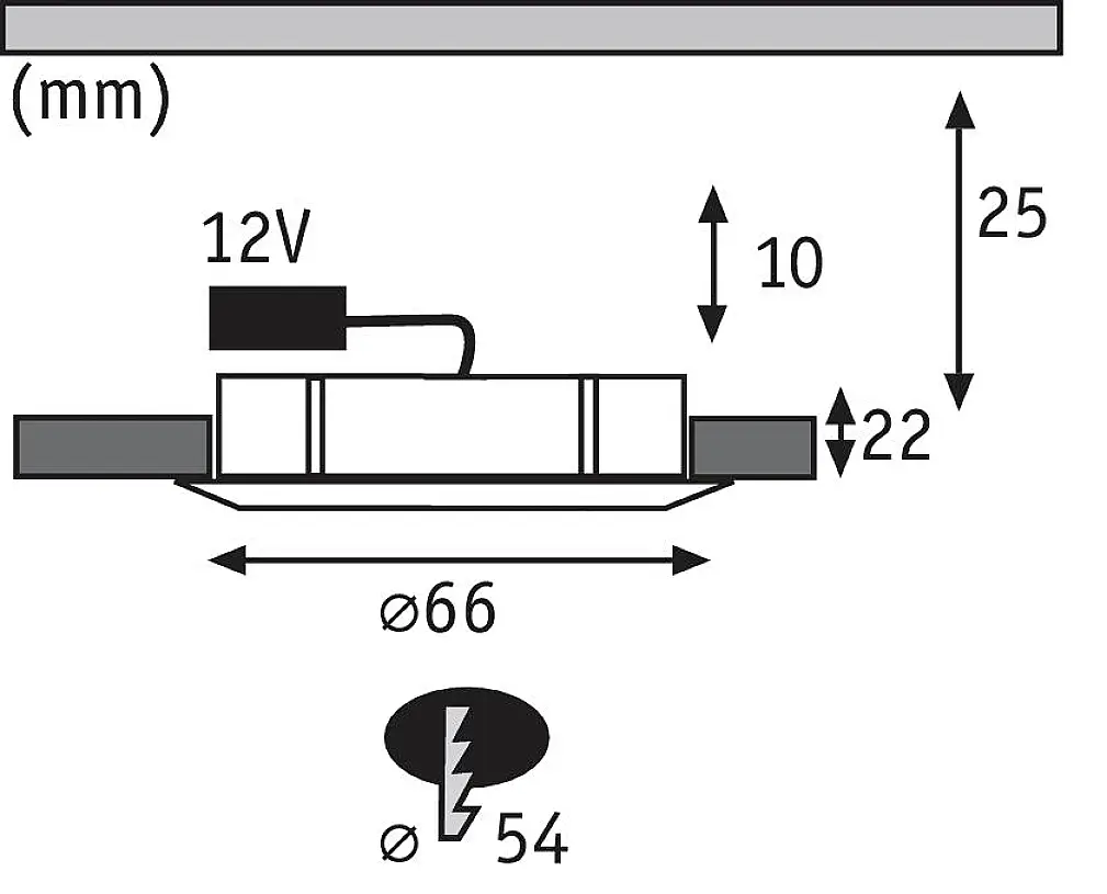 Diagramm zeigt Maße eines elektrischen Geräts: 12V, Höhe 25mm, Breite 66mm, Tiefe 22mm. Ein Blitzsymbol mit Durchmesser 54mm ist unten abgebildet.