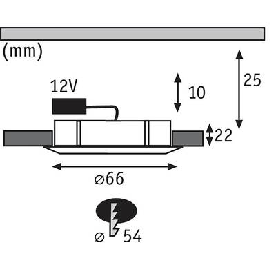 Diagramm zeigt Maße eines elektrischen Geräts: 12V, Höhe 25mm, Breite 66mm, Tiefe 22mm. Ein Blitzsymbol mit Durchmesser 54mm ist unten abgebildet.