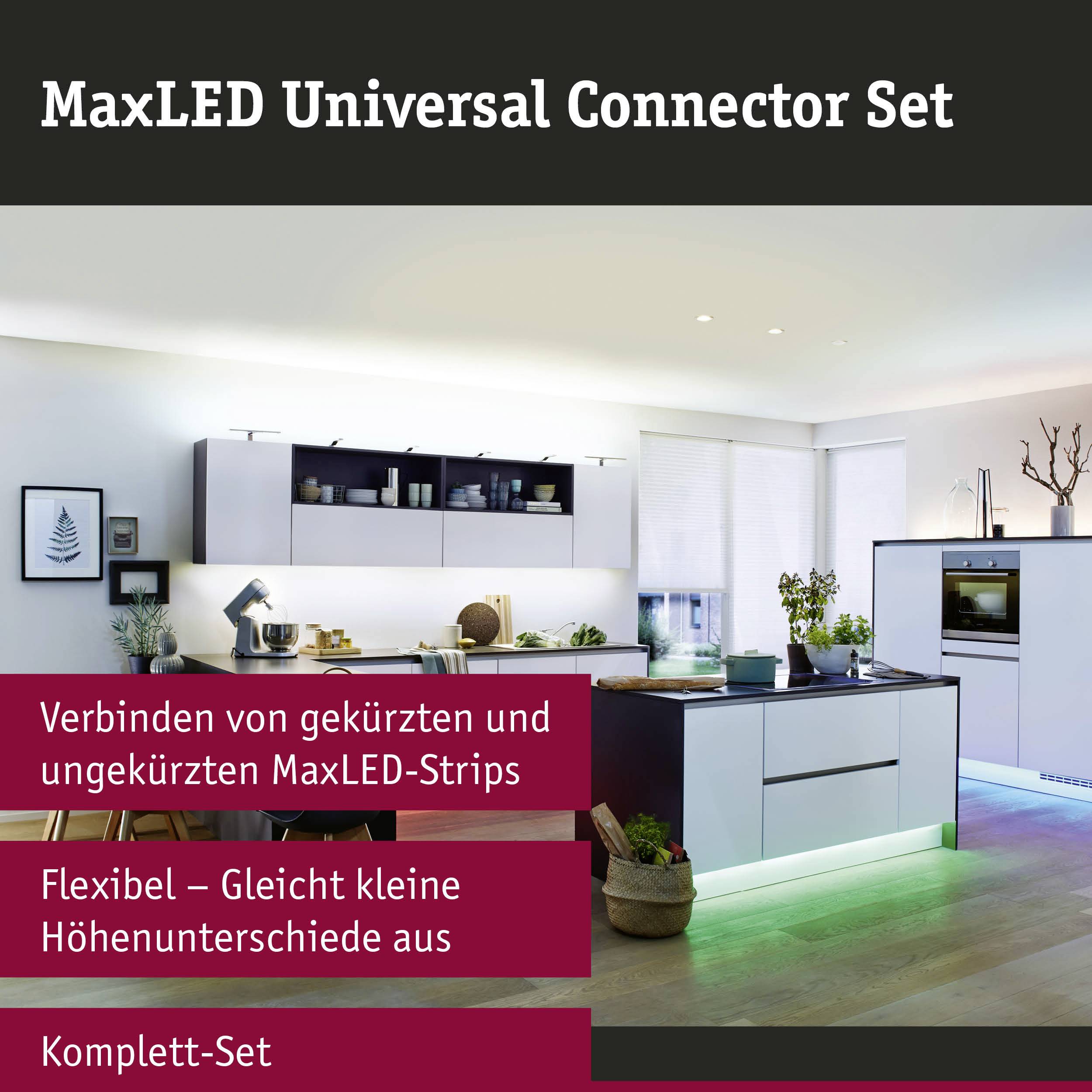 Modernes Wohnzimmer mit LED-Beleuchtung; Text: 'MaxLED Universal Connector Set' und Details zu Gekürzten und Höhenunterschieden.