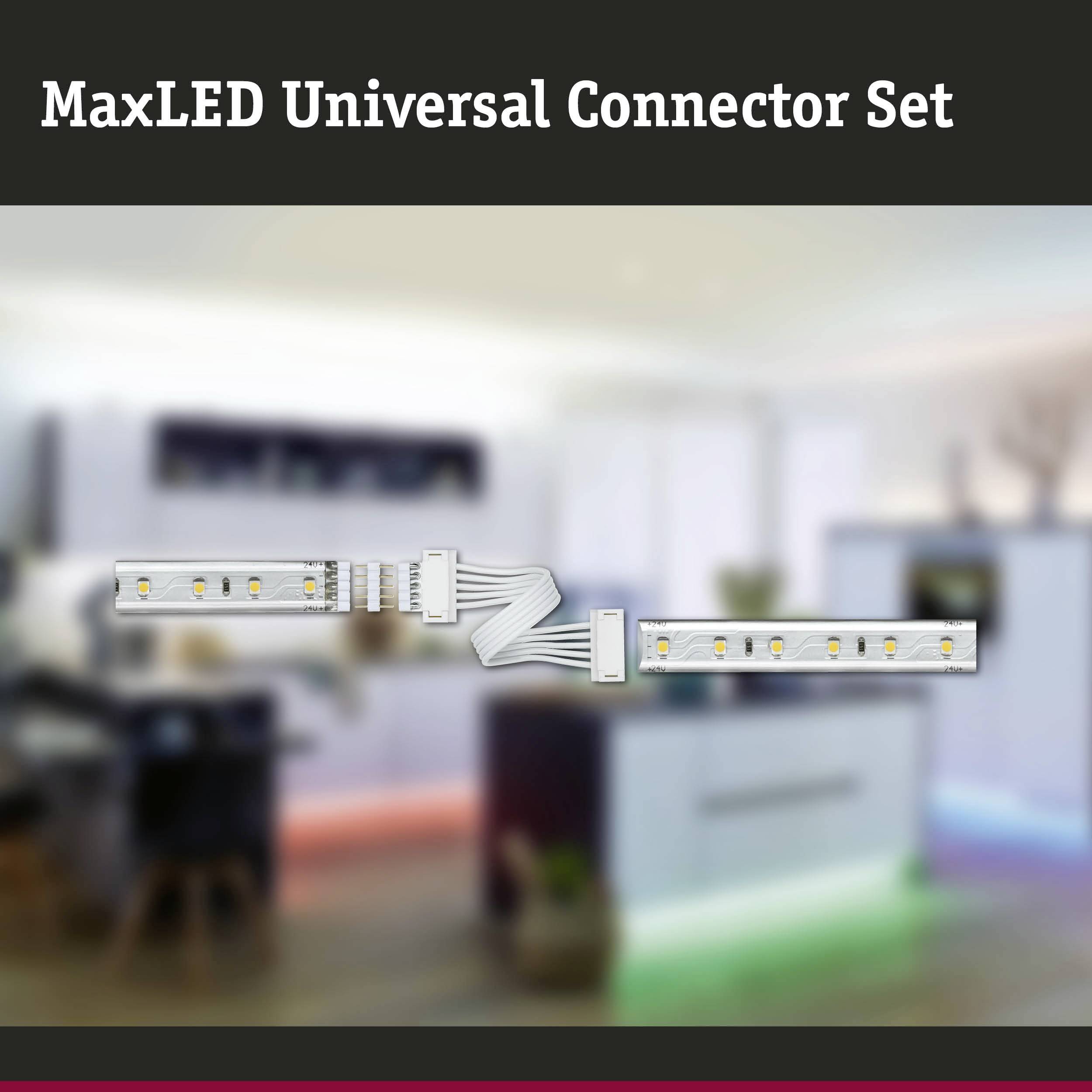 MaxLED Universal Connector Set: Zwei universelle Steckverbinder für LED-Streifen. Geeignet für einfache Verkabelung und Anpassung.
