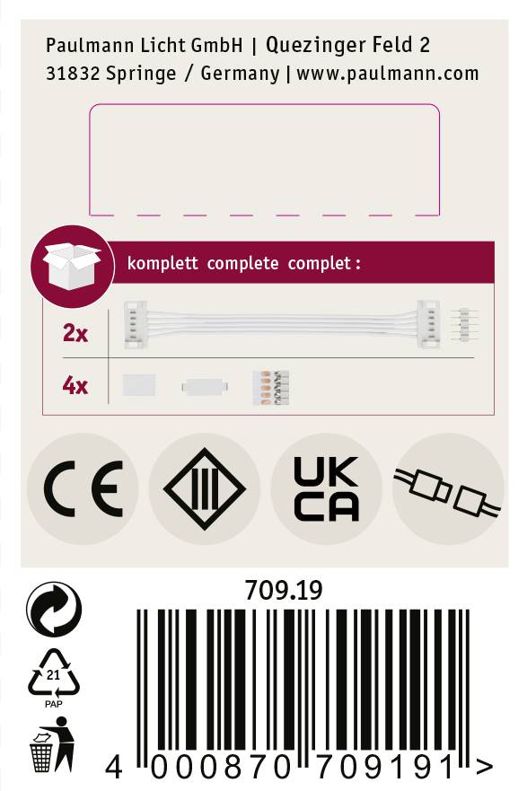 Verpackungsetikett von Paulmann Licht GmbH enthält Produktbeschreibung, Kontaktinformationen, Symbole für CE und UKCA sowie Strichcode.