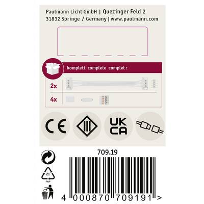 Verpackungsetikett von Paulmann Licht GmbH enthält Produktbeschreibung, Kontaktinformationen, Symbole für CE und UKCA sowie Strichcode.