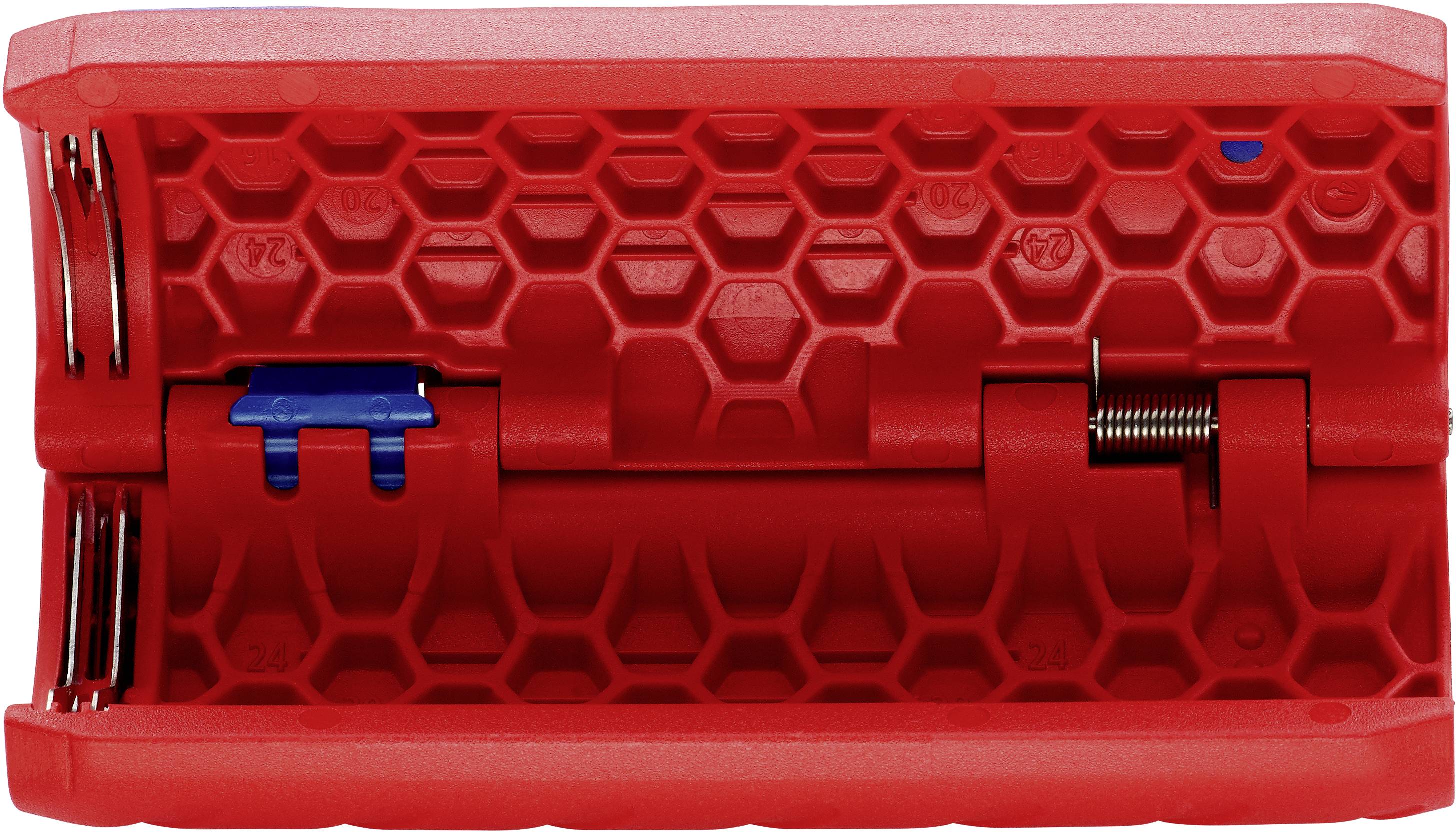 Ein roter, sechseckiger Kunststoffhalter mit integrierter Federmechanik.