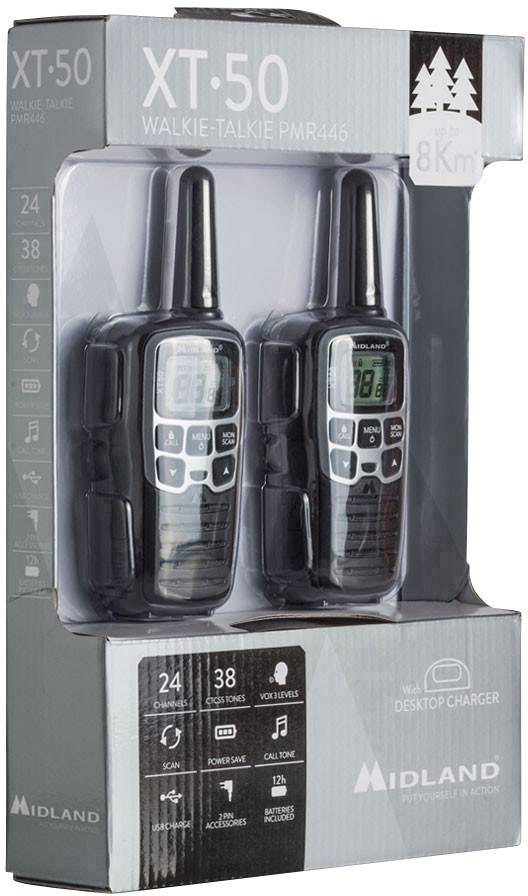 Zwei Walkie-Talkies in einer Verpackung, Marke 'Midland XT-50', Reichweite bis 8 km, 24 Kanäle, 38 CTCSS-Töne, inkl. Desktop-Ladegerät.