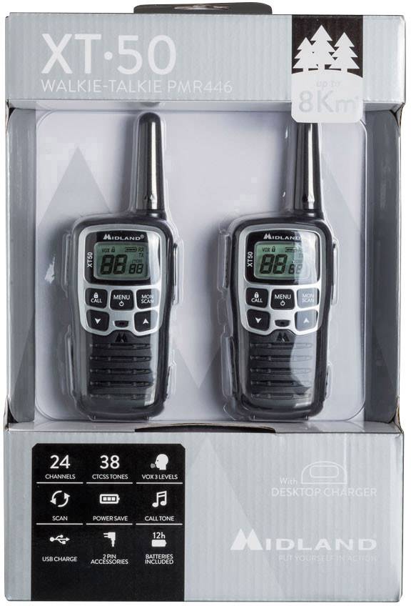 'Packung mit zwei schwarzen Walkie-Talkies, Modell XT50 von Midland. Reichweite bis 8 km. 24 Kanäle, 38 CTCSS-Töne, VOX-Funktion.'