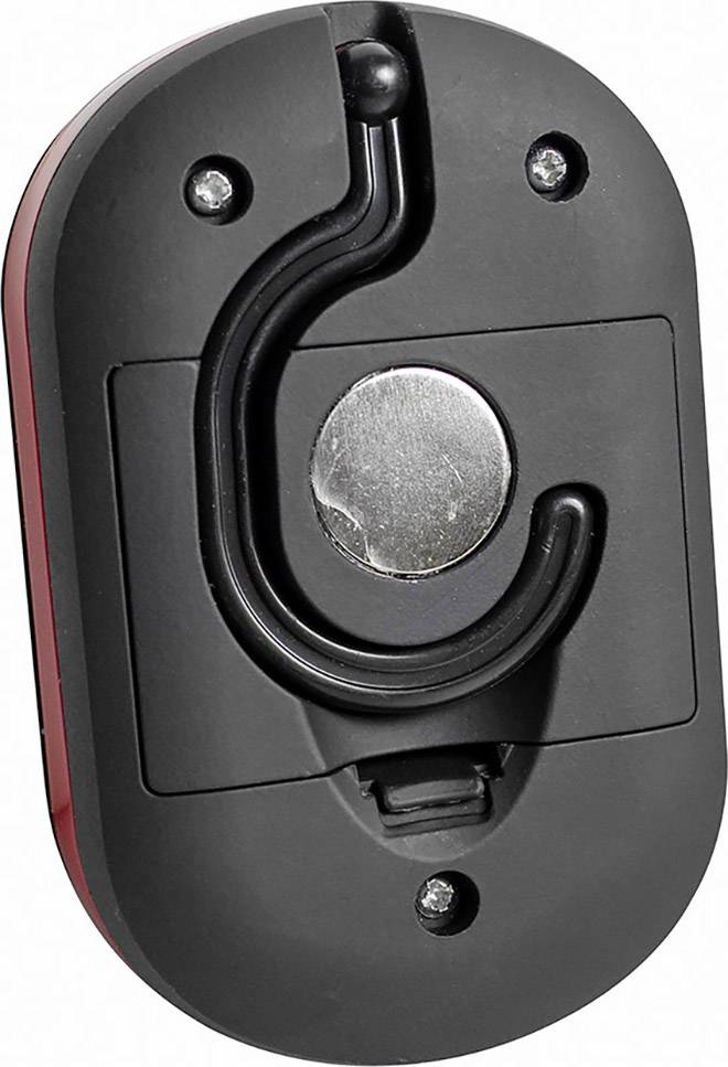 Tragbarer LED-Arbeitslicht mit drehbarem Haken und Magnet auf der Rückseite zur flexiblen Befestigung an metallischen Oberflächen.