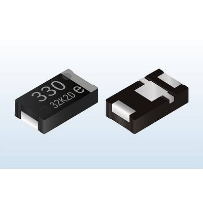 Zwei elektronische SMD-Bauteile auf hellblauem Hintergrund, links mit Aufschrift '330 32K2D e'. Sie zeigen unterschiedliche Ansichten.