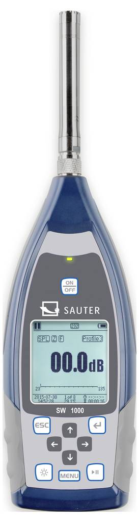 Ein Schallpegelmessgerät mit digitalem Display zeigt '00.0 dB' an. Markierung 'Sauter' oben. Tasten zur Bedienung unten.