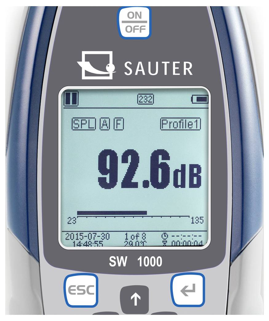 Ein Schallpegelmessgerät zeigt '92,6 dB' auf dem Display an. Weitere Informationen sind Datum, Uhrzeit und Einstellungen.