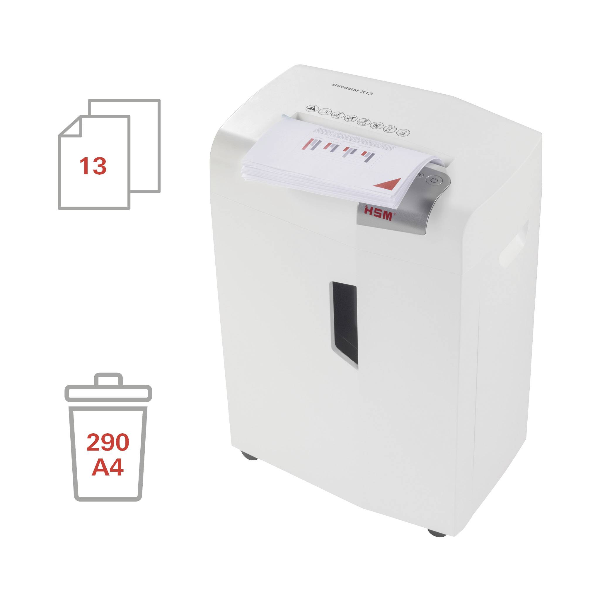 Aktenvernichter mit 13-Blatt-Kapazität, sichtbarem Papierschacht und Abfallbehälter für bis zu 290 A4-Seiten.