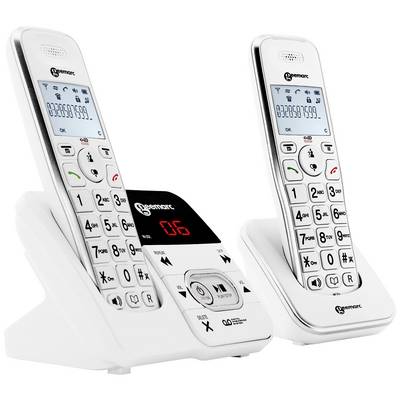 Zwei schnurlose Telefone in Ladeschalen. Große Tasten und Displays zeigen jeweils '023965399'. Eines hat eine Basisstation mit Tasten.