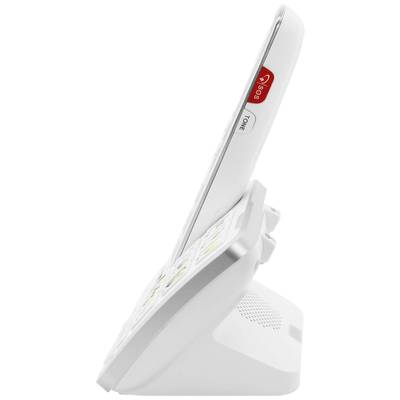 Ein weißes schnurloses Telefon mit seitlicher SOS-Taste und großen Tasten, das auf einer Basisstation steht.