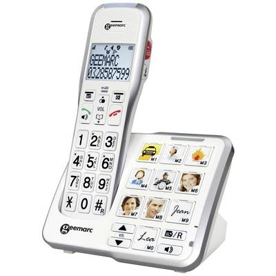 Ein weißes Seniorentelefon mit großen Tasten und Fotospeicherfunktion. Auf dem Display steht 'GEEMARC'. Ideal für einfache Bedienung.