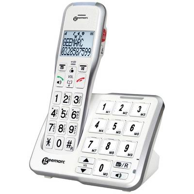 Festnetztelefon mit großen Tasten und digitalem Display, zeigt Nummer '03306875999' an. Enthält Lautstärkeregelung und Direktwahltasten.