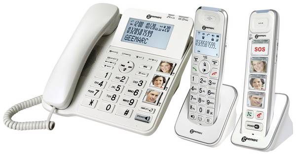 Geemarc Pack SENIOR 295 Schnurgebundenes Seniorentelefon  Anrufbeantworter, Foto-Tasten, inkl. Mobilteil Beleuchtetes Display Weiß