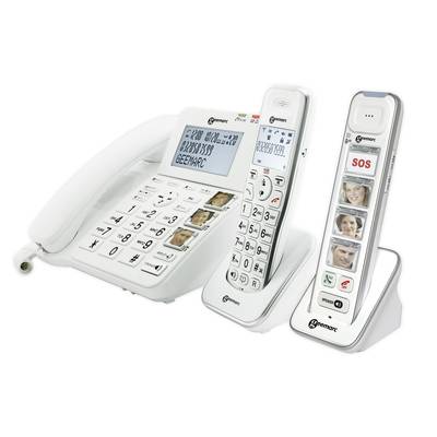 Drei weiße Seniorentelefone mit großen Tasten, einem SOS-Knopf und Fototasten für Kurzwahl. Ideal für einfache Bedienung.