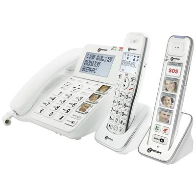 Drei Telefone mit großen Tasten und Foto-Schnellwahltasten; eines hat ein großes Display für einfache Ablesbarkeit. Ideal für Senioren.