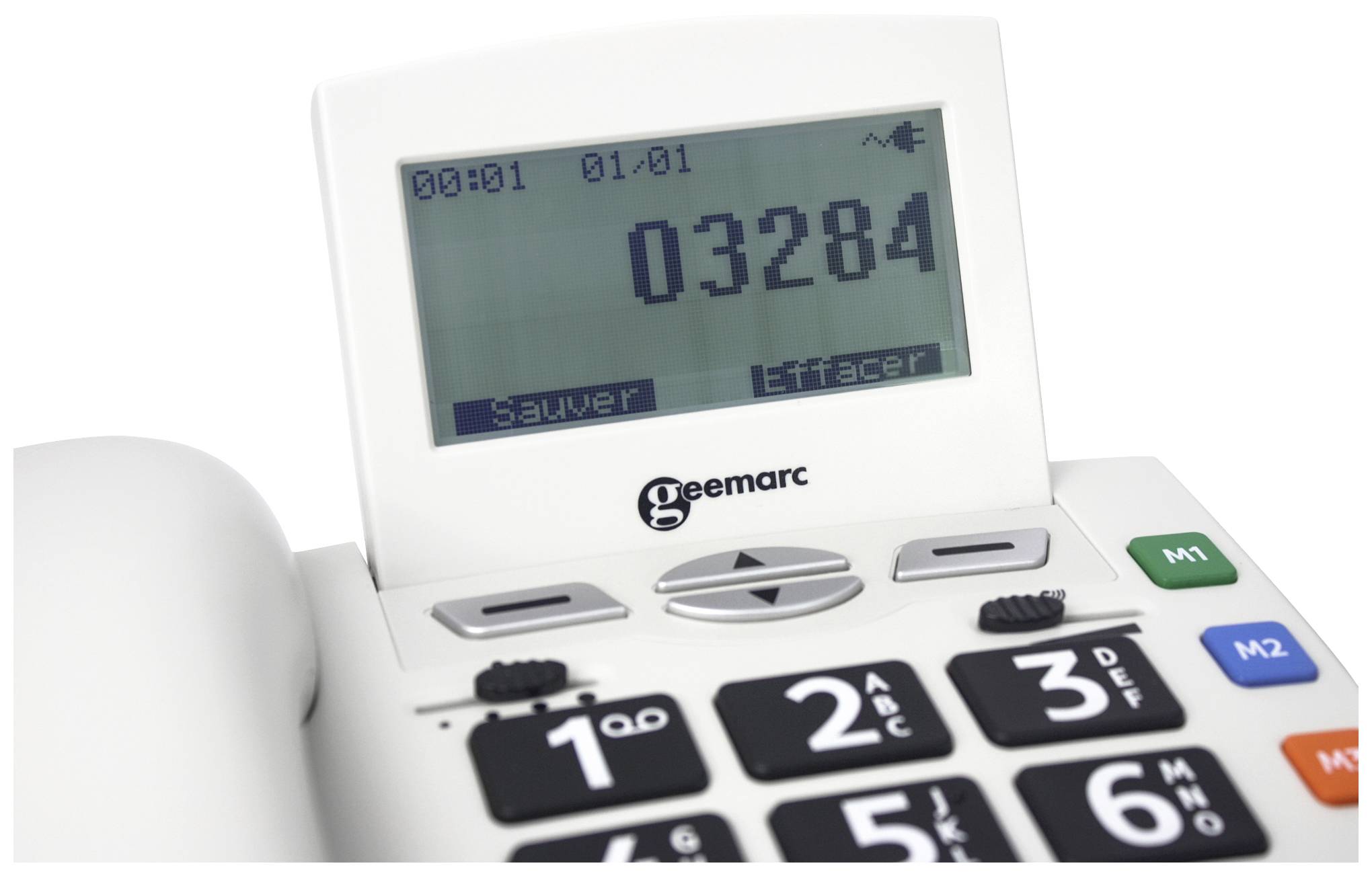 Ein Telefon mit großem Tastenfeld und digitalem Display, das die Nummer '03284' anzeigt. Tasten zur Wahlwiederholung und Speichern.