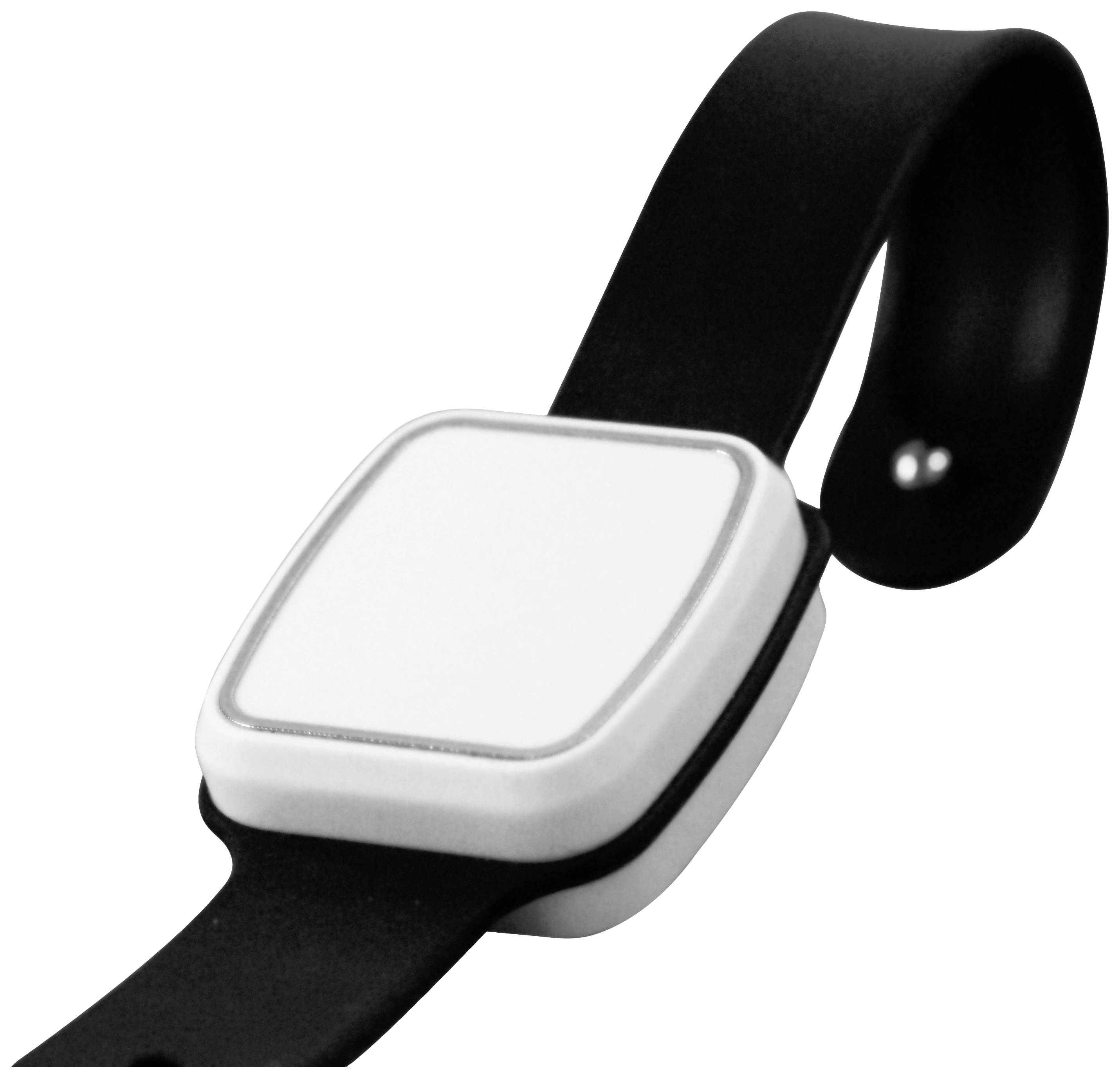 Ein schlichtes, rechteckiges Wearable-Gerät mit weißem Bildschirm und schwarzem Armband, möglicherweise ein Fitness-Tracker oder eine Smartwatch.