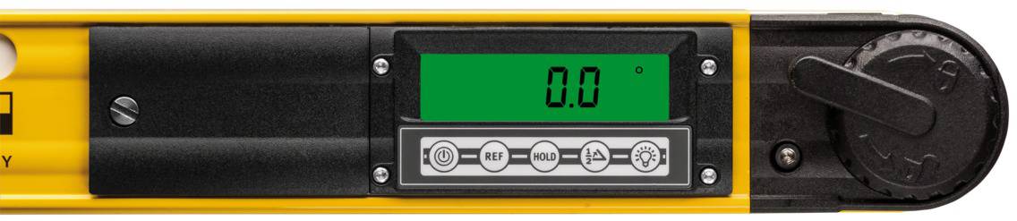 Digitale Wasserwaage mit Display, das '0.0°' anzeigt, und verschiedenen Einstellungstasten darunter; Messgerät zur genauen Ausrichtung.