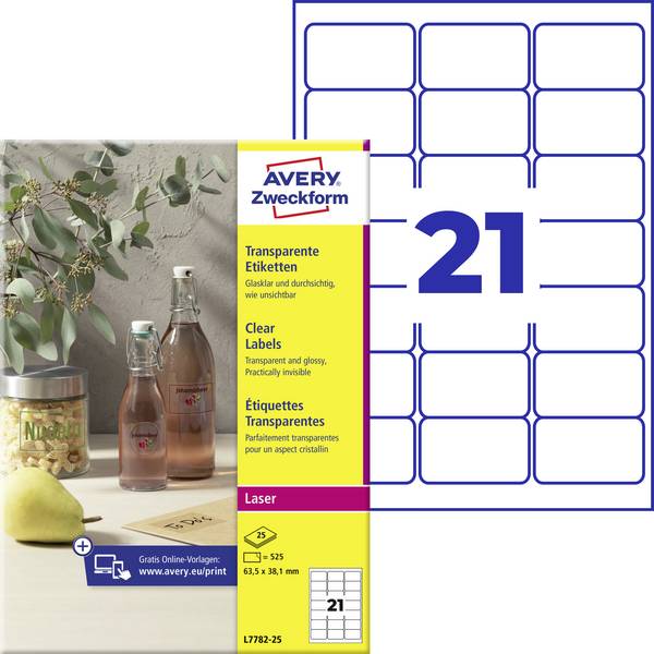 Avery-Zweckform L7782-25 Folien-Etiketten 63.5 x 38.1 mm Polyester-Folie Transparent 525 St. Permanent haftend Laserdrucker, Farblaserdrucker