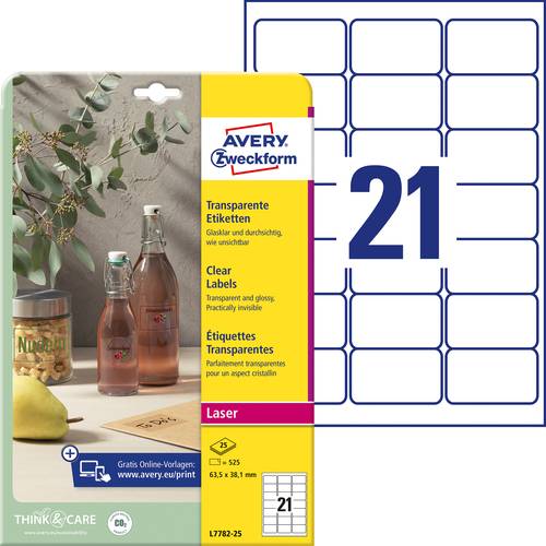 Avery-Zweckform L7782-25 Folien-Etiketten 63.5 x 38.1 mm Polyester-Folie Transparent 525 St. Permanent haftend Laserdruc...