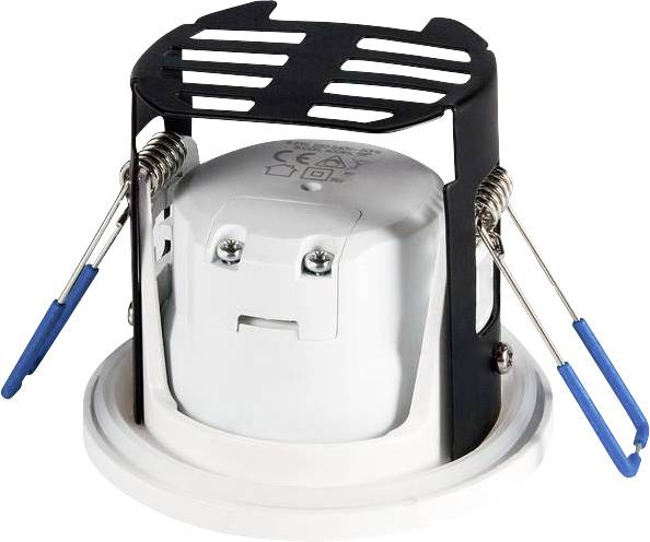 Ein weißer Deckenlautsprecher mit schwarzem Halterahmen und blauen Clips. Geeignet für den Einbau in Decken oder Wände.