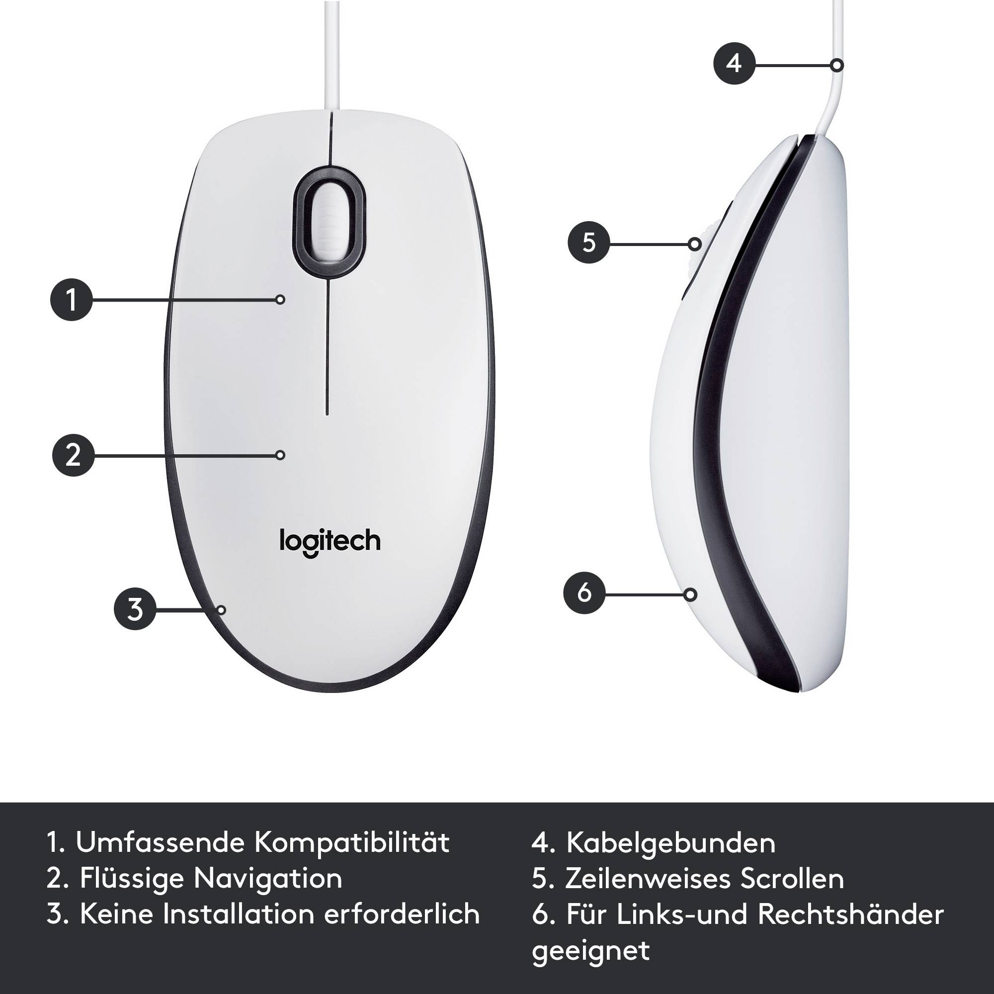 Logitech M100 Maus USB Optisch Weiß 3 Tasten 1000 dpi-6