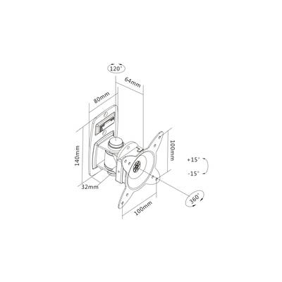 Technische Zeichnung einer verstellbaren TV-Halterung mit Maßen: 140mm hoch, 32mm tief, 100mm breit. Drehbar um 360°, neigbar um ±15°.