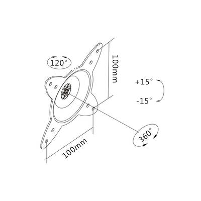 Technische Zeichnung einer Monitorhalterung. Maße: 100 mm x 100 mm. Neigung: +15° bis -15°. Drehung: 360°. Winkel: 120°.