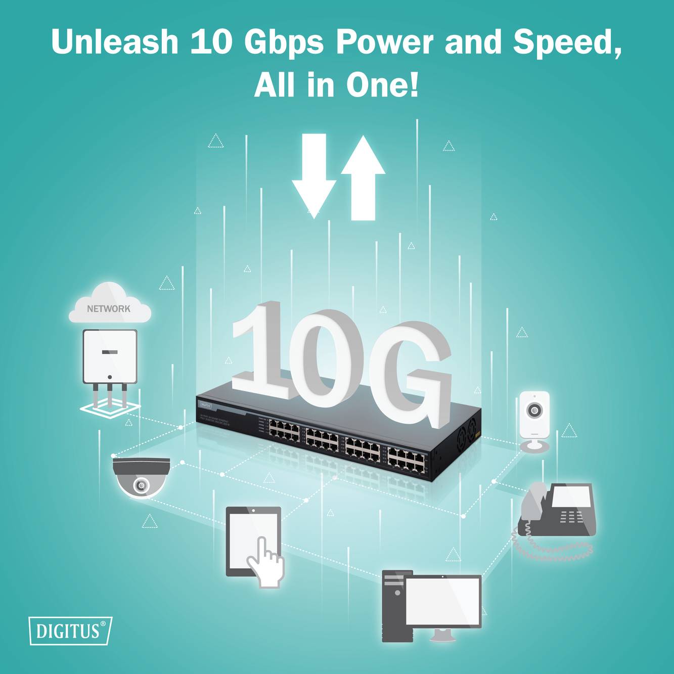 Netzwerk-Switch mit '10 Gbps' Text. Symbole zeigen Geräte wie Telefon, Computer und Kamera, die mit Pfeilen zur Switch verbunden sind.