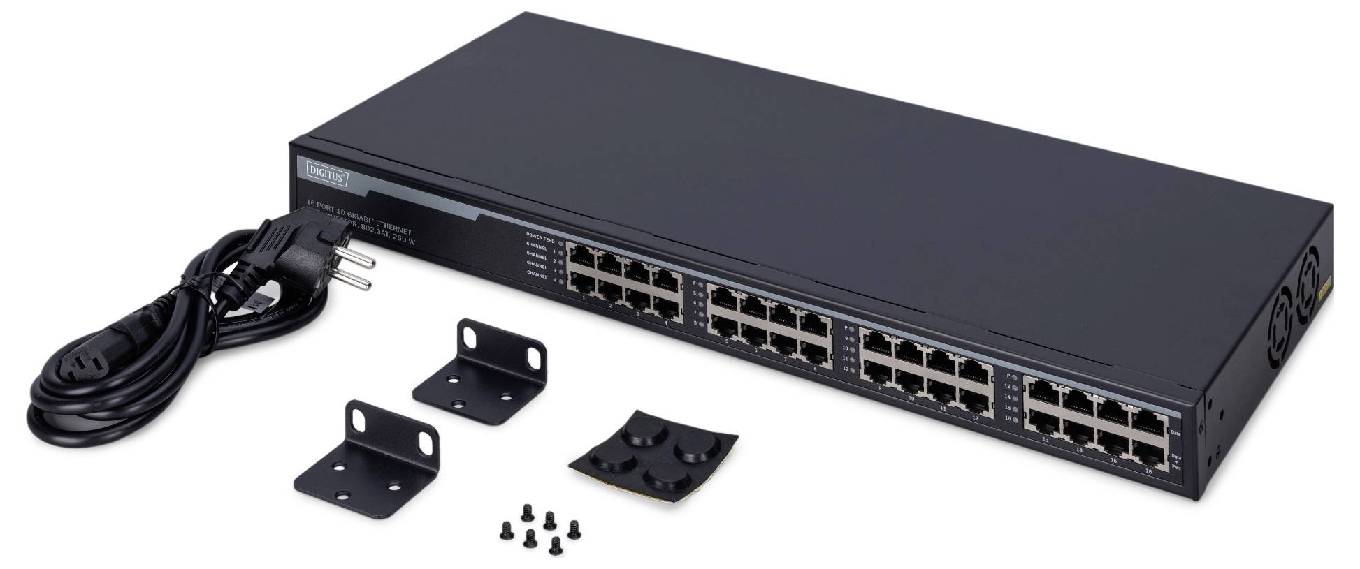 Ein schwarzer Netzwerk-Switch mit zweiundzwanzig Ports, begleitet von einem Netzkabel, Montagematerial und Schraubenset.