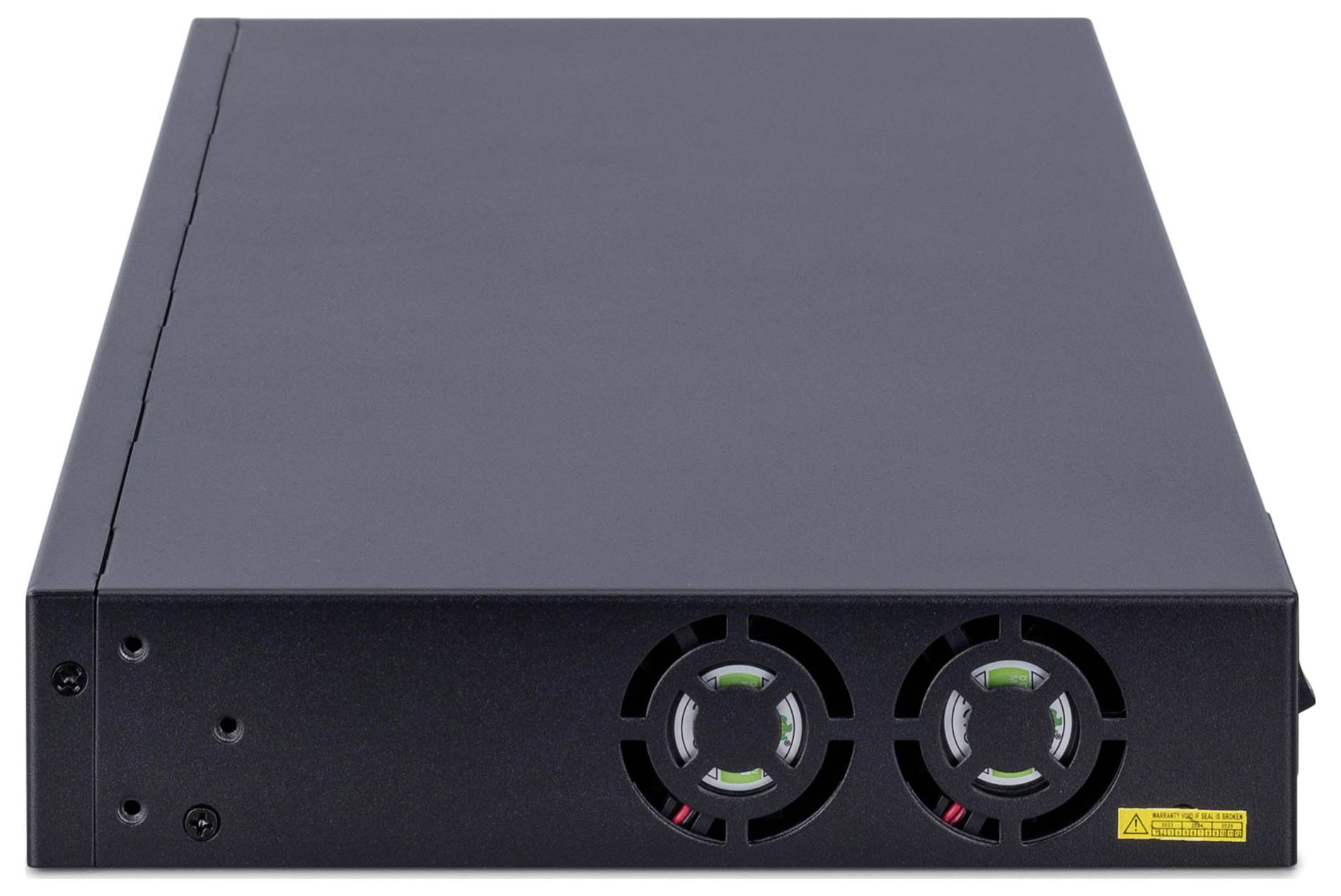 Ein flaches schwarzes Gerät mit zwei runden Lüftungsgittern auf der Vorderseite.