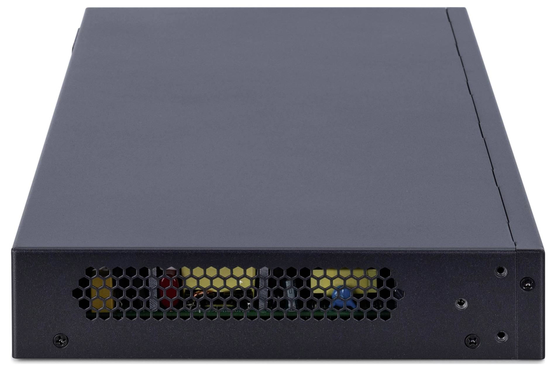 Ein rechteckiges, schwarzes Elektrogerät mit Wabenöffnung vorne; zeigt interne elektronische Bauteile.