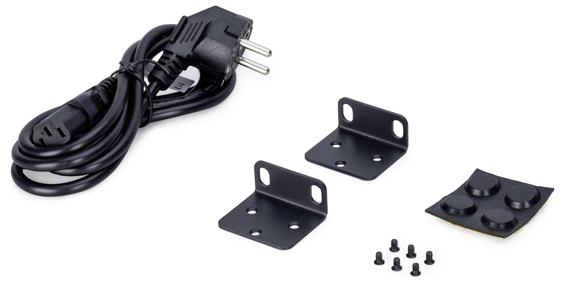 Stromkabel mit EU-Stecker, zwei schwarze Metallwinkel, vier schwarze Schrauben und vier runde Gummifüße auf weißem Hintergrund.