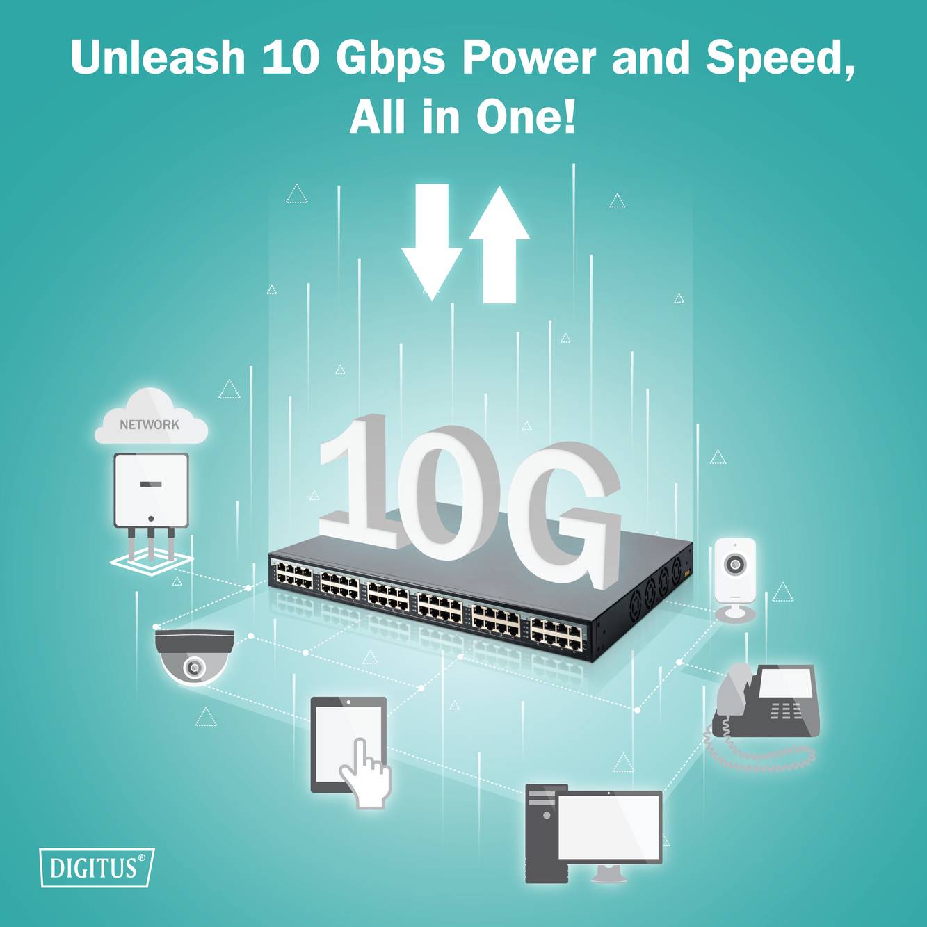 Ein Netzwerk-Switch in der Mitte, umgeben von Geräten wie Computer, Telefon und Kamera. Text oben: 'Unleash 10 Gbps Power and Speed, All in One!'.