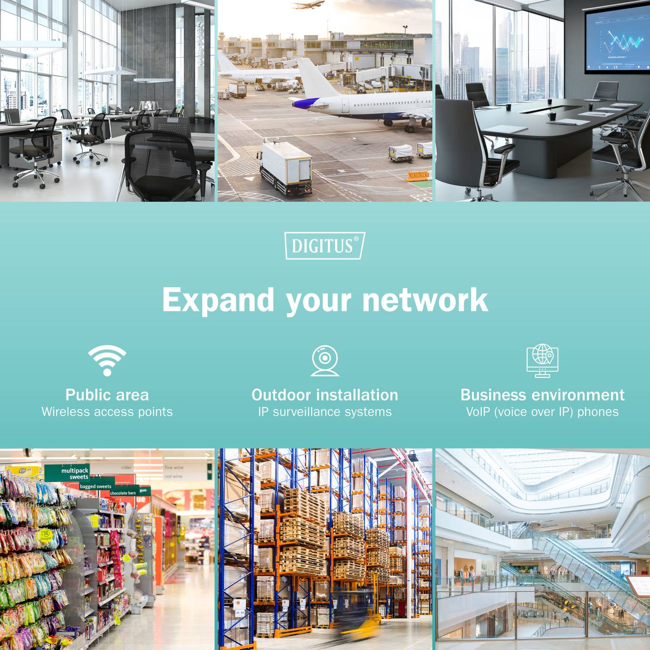 'Expand your network' - Bild mit Büro, Flughafen, Konferenzraum, Einkaufsladen, Lagerhaus, Einkaufszentrum. Themen: WLAN, Installation, VoIP.