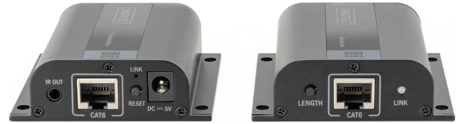 Schwarze CAT6-Adapter mit Anschlüssen für IR-Ausgang, Reset, Stromversorgung und Link-Anzeigen, montierbar mit Schraubenlöchern.