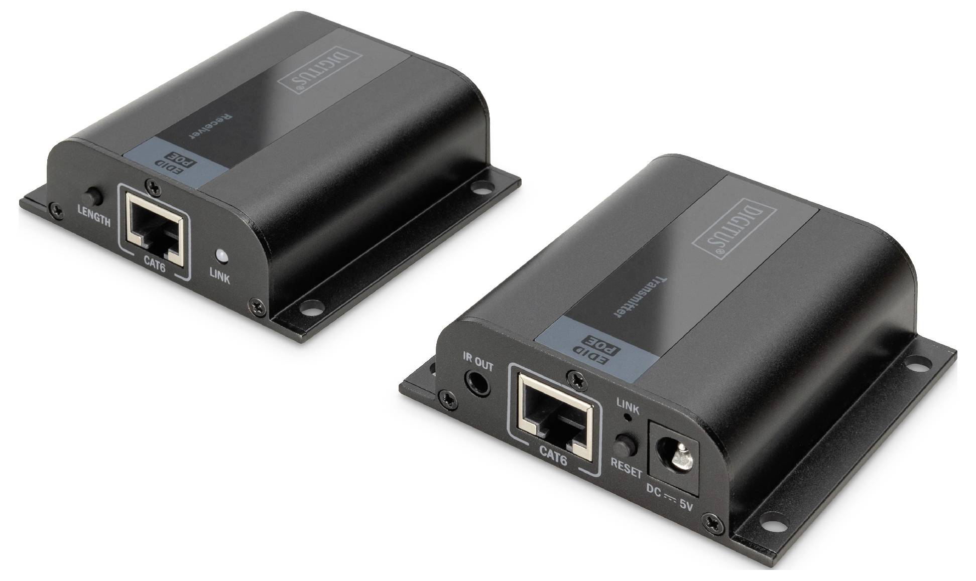 Zwei schwarze HDMI-Extender mit Ethernet-Anschlüssen, seitlich platziert. Sie dienen der Übertragung von Videosignalen über weite Entfernungen.