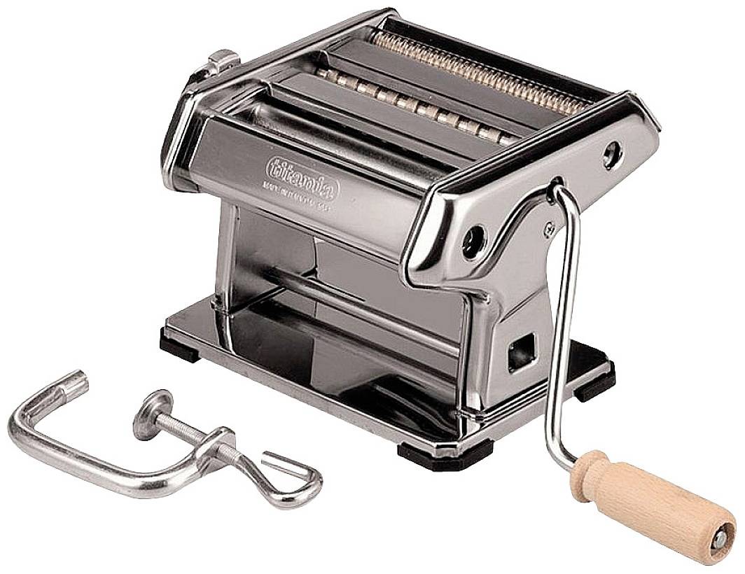 Manuelle Nudelmaschine aus Metall mit Kurbel und Klemme zum Befestigen. Ideal zur Herstellung frischer Pasta zu Hause.