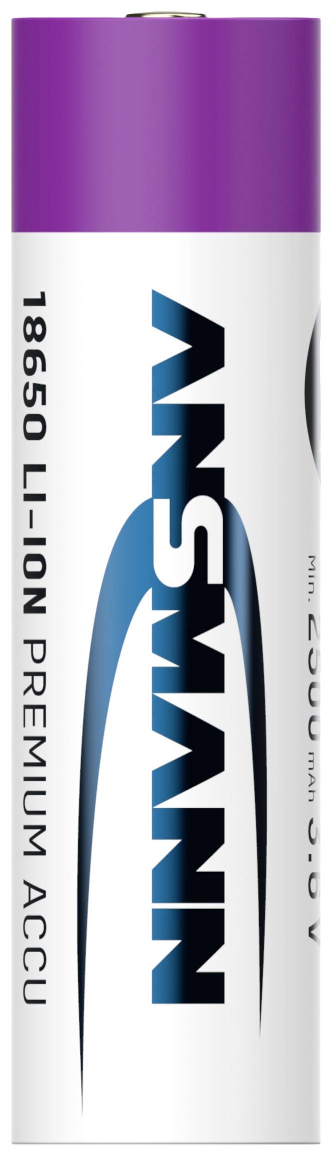 Lila-weißer 18650 Li-Ion Akku der Marke Ansmann, beschriftet mit 'PREMIUM ACCU', steht aufrecht.