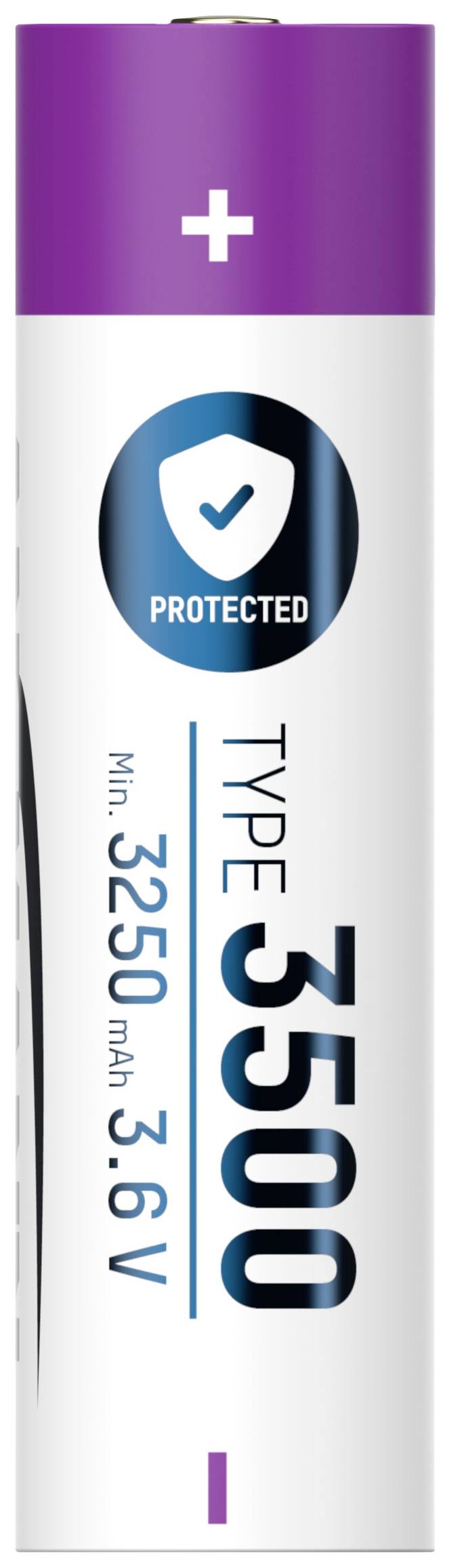 Weiße Batteriezelle mit lila Kappe, zeigt die Aufschrift 'Protected' und 'Type-3500', 3250 mAh, 3,6V.