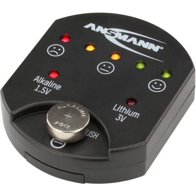 Schwarzer Batterietester mit LED-Anzeigen: Rot für schwach, Gelb für mittel, Grün für stark. Markenname oben, Knopfzelle unten angeschlossen.