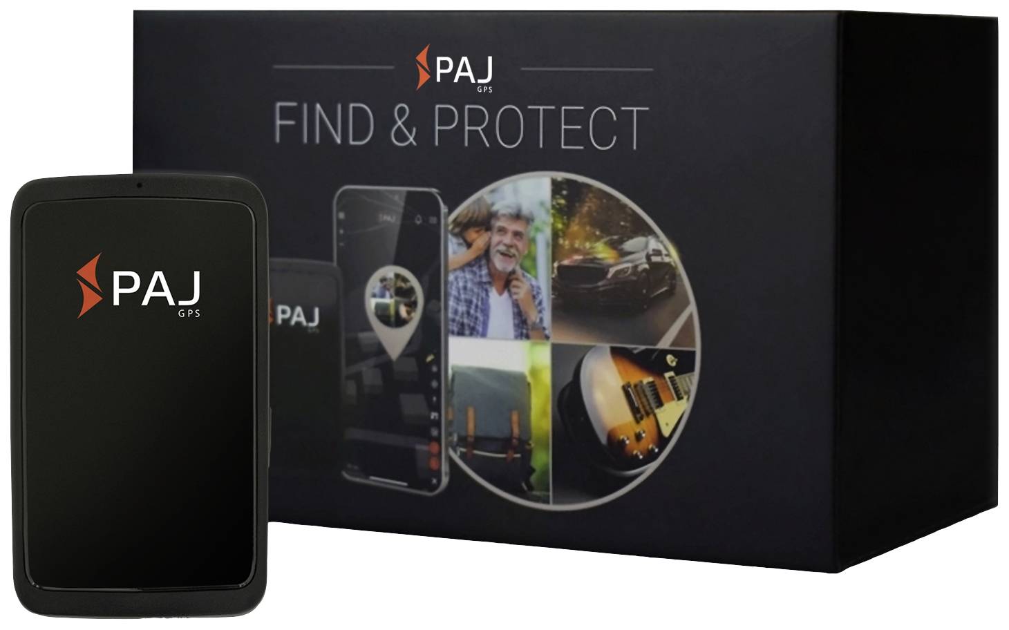GPS-Tracker von PAJ mit Abbildung einer Verpackung. Texthinweis: 'FIND & PROTECT'. Fotos von Smartphone-App, Autofahrt und lächelndem Paar.