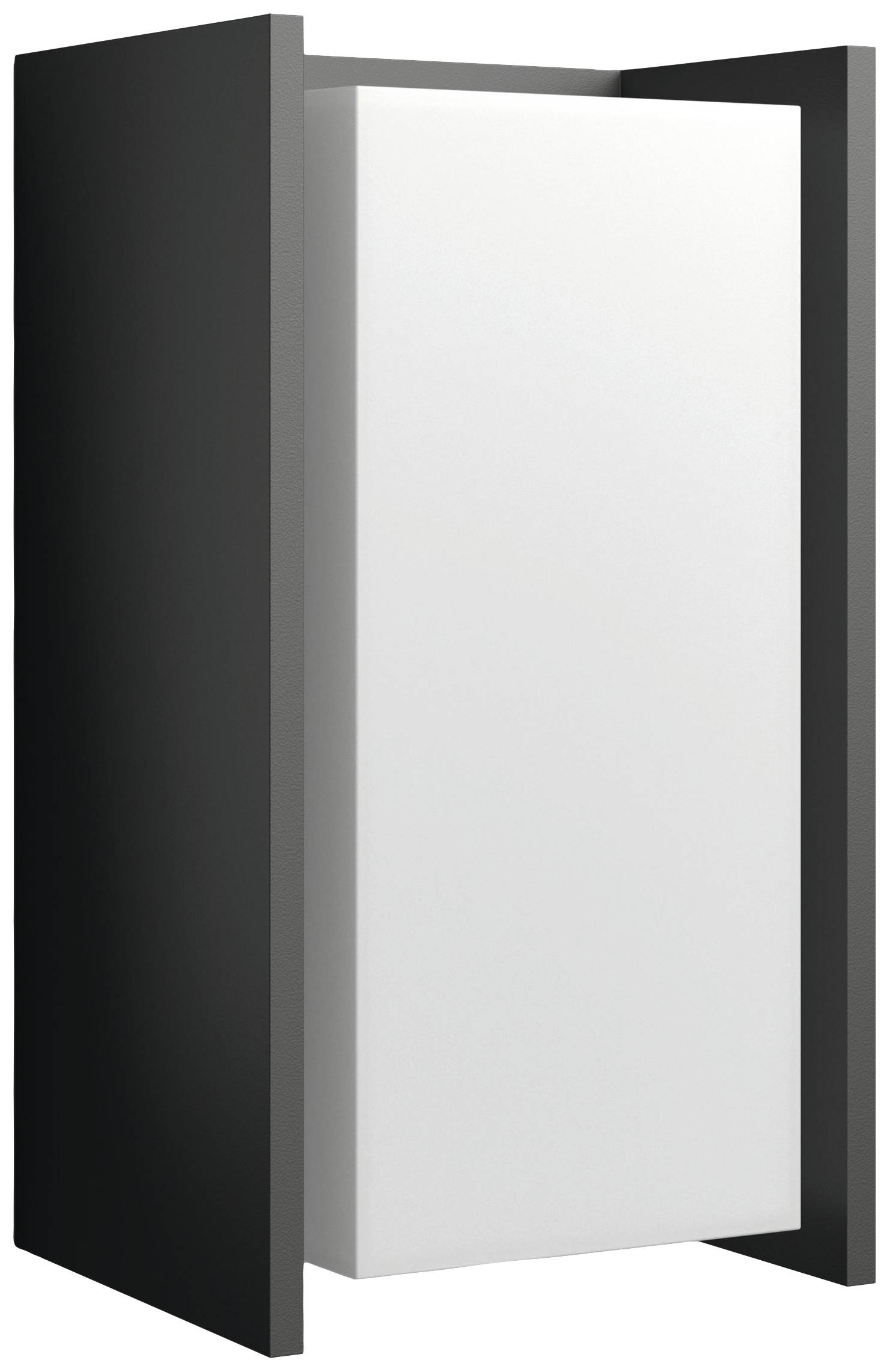 Ein schwarzer, rechteckiger Rahmen umschließt ein weißes, freistehendes Paneel. Geometrisches Design, modern und minimalistisch.