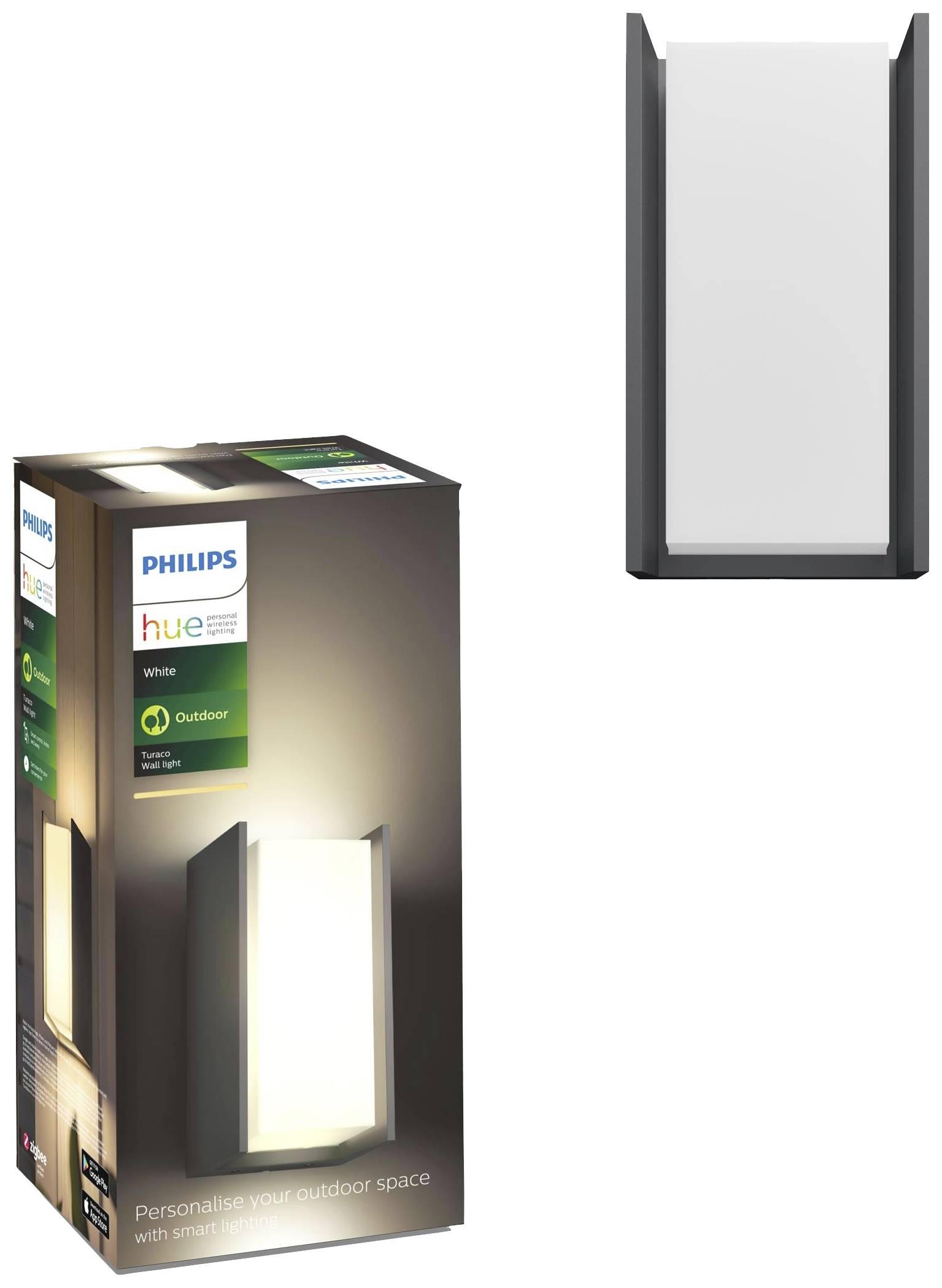 'Philips Hue White Outdoor Wandleuchte' Verpackung und Wandleuchte. Rechteckiges Design, schwarze Einfassung, weiße Lichtfläche.