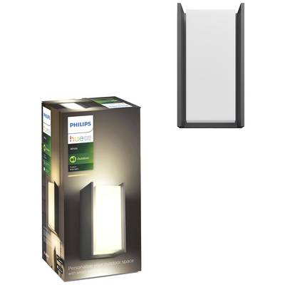 'Philips Hue White Outdoor Wandleuchte' Verpackung und Wandleuchte. Rechteckiges Design, schwarze Einfassung, weiße Lichtfläche.